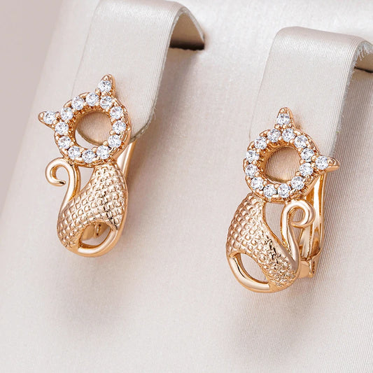 Luxury Cute Cat Earrings for Girls 585 Rose Gold Color Natural Zircon Accessories Children Baby Xmas Gifts Animal Jewelry
