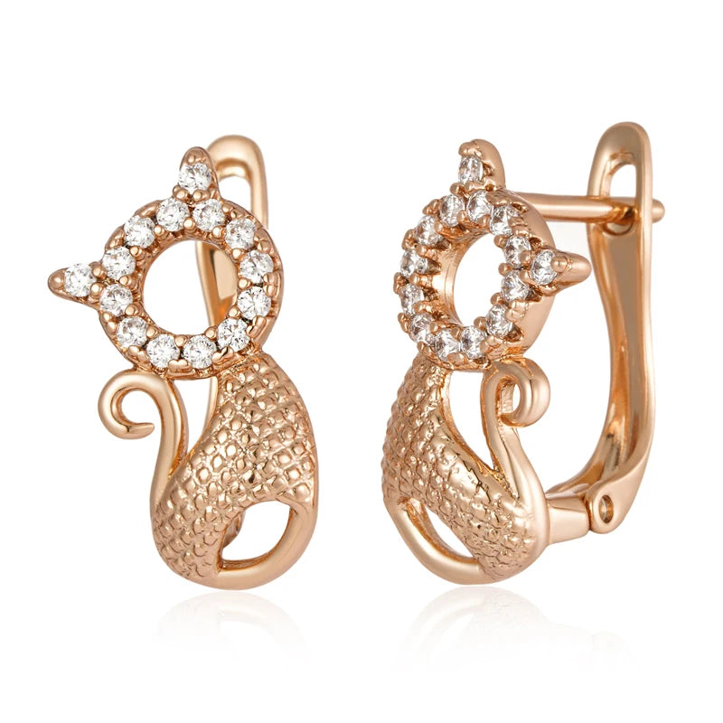 Luxury Cute Cat Earrings for Girls 585 Rose Gold Color Natural Zircon Accessories Children Baby Xmas Gifts Animal Jewelry