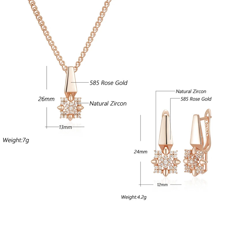 Hot 585 Rose Gold Color Crystal Flower Drop Earrings Pendant for Women Natural Zircon Accessories Daily Fine Jewelry Sets