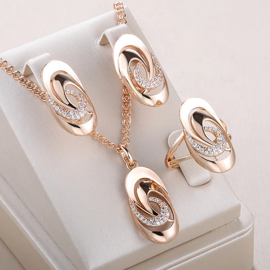 Daily Fine Jewelry Sets 585 Rose Gold Color Natural Zircon Big Ring Earrings Necklace for Women