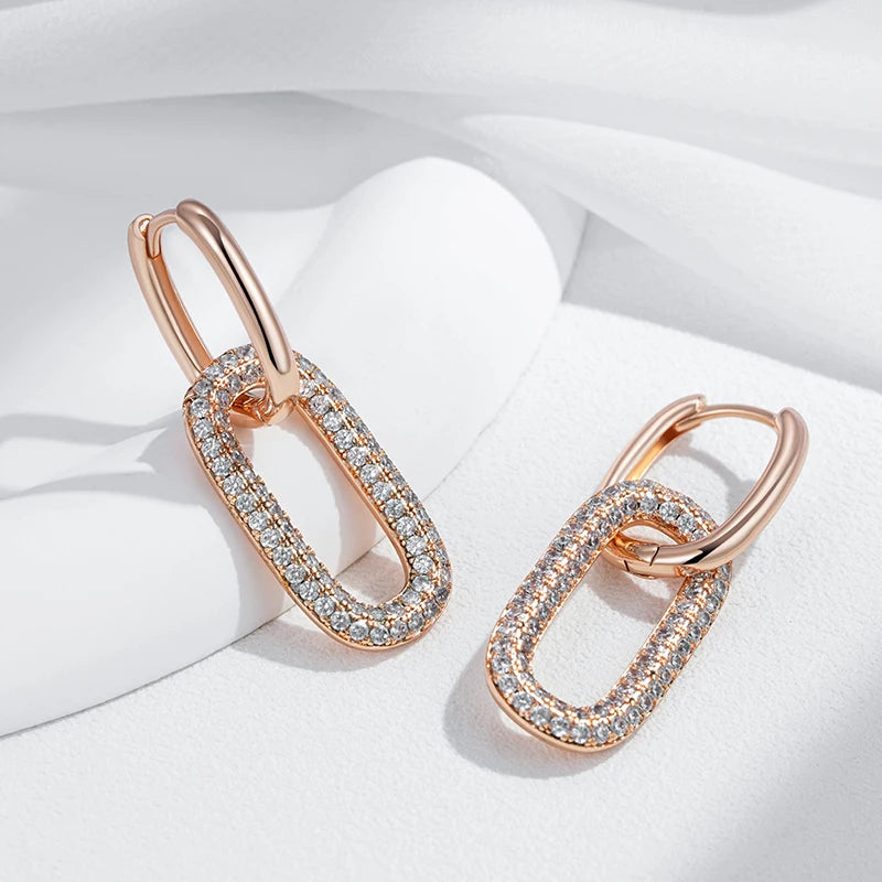 Geometric Oval Rectangle Full Natural Zircon Hoop Earrings for Women 585 Rose Gold Color Daily Fine Elegant Female Jewelry