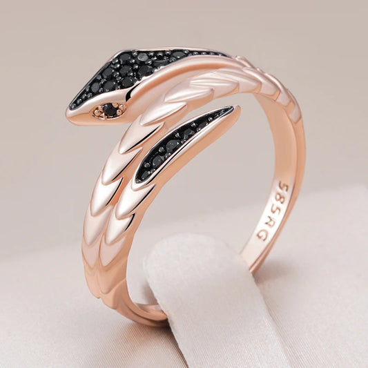 Hot Punk Black Natural Zircon Snake Ring for Women Fine 585 Rose Gold and Black Plating Vintage Daily Animal Jewelry