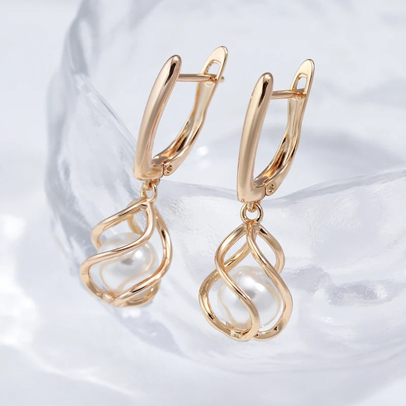 Luxury 585 Rose Gold Drop Earrings for Women Unique Geometric Hollow Pearl Bridal Earrings Wedding Jewelry 2022 New