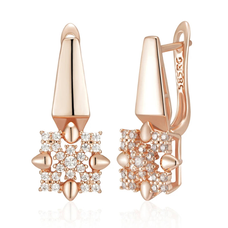 Hot 585 Rose Gold Color Crystal Flower Drop Earrings Pendant for Women Natural Zircon Accessories Daily Fine Jewelry Sets
