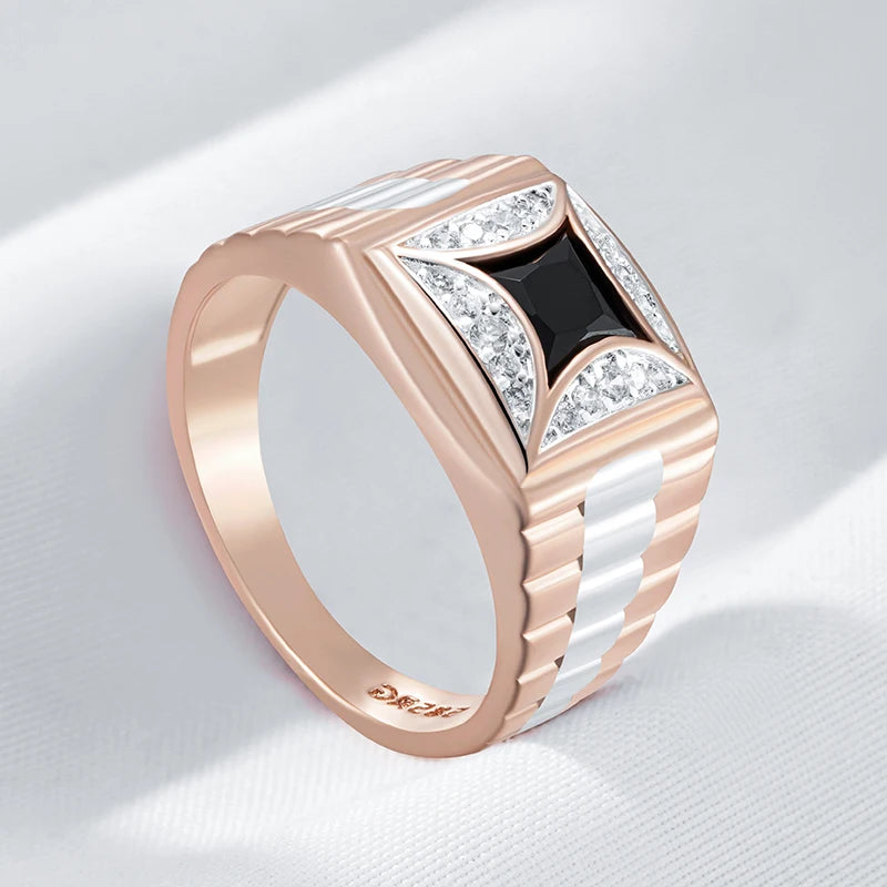 Luxury Black Natural Zircon Width Rings for Men Women 585 Rose Gold Silver Color Mix Setting Design Wedding Fine Jewelry