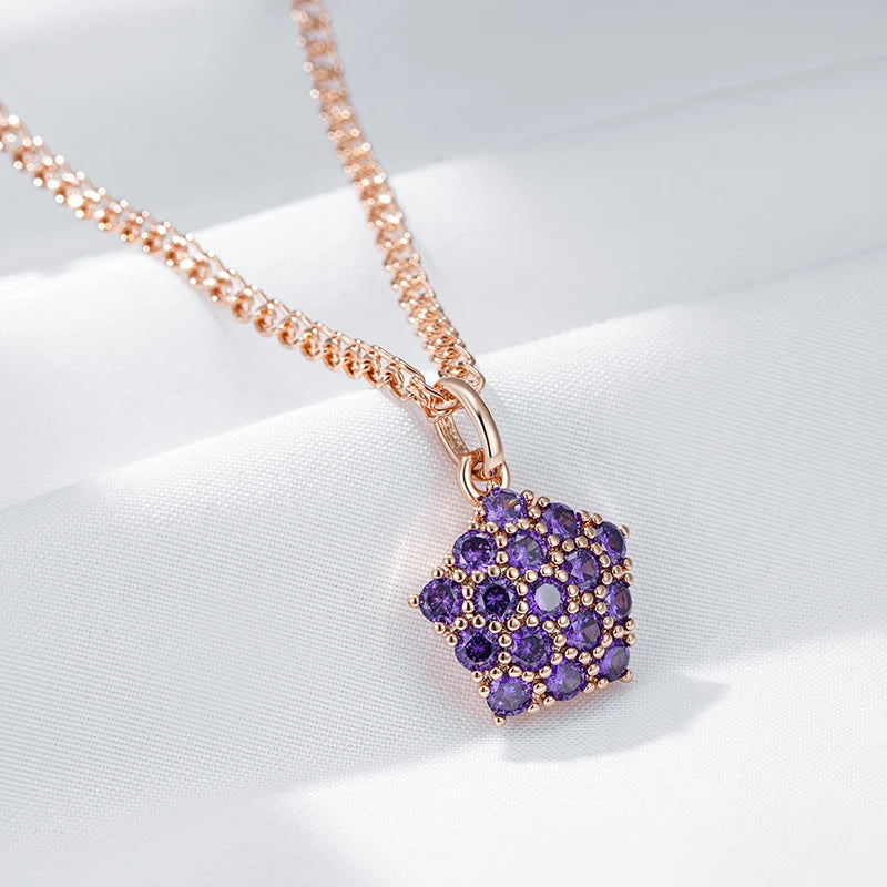 Hot Shiny Purple Natural Zircon Pendant Necklace for Women Trend 585 Rose Gold Color Wedding Fine Jewelry Crystal Gift