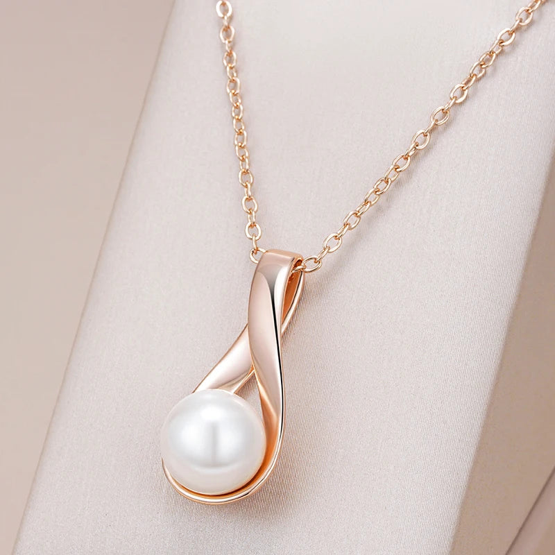 Luxury 585 Rose Gold Pendant Necklace for Women Unique Geometric Hollow Pearl Bridal Wedding Jewelry Daily Wear Gift
