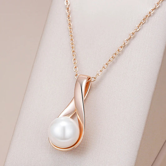 Luxury 585 Rose Gold Pendant Necklace for Women Unique Geometric Hollow Pearl Bridal Wedding Jewelry Daily Wear Gift