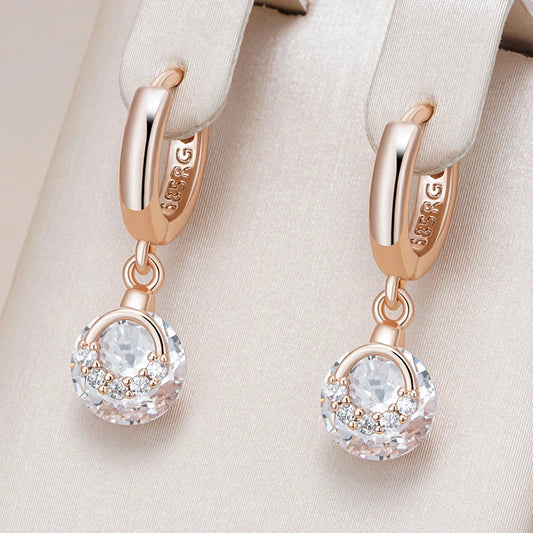 Hot 585 Rose Gold Color Drop Earrings for Women Fashion White Natural Zircon Accessories Daily Fine Jewelry Crystal Gift