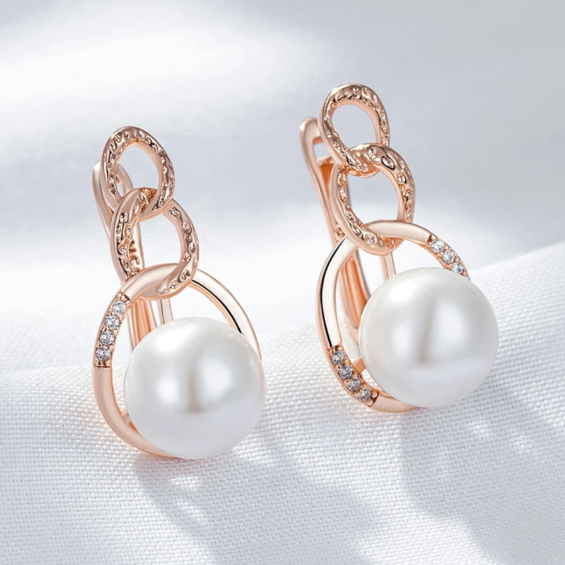  Pearl English Earrings for Women Luxury 585 Rose Gold Color with Natural Zircon Bridal Wedding Jewelry