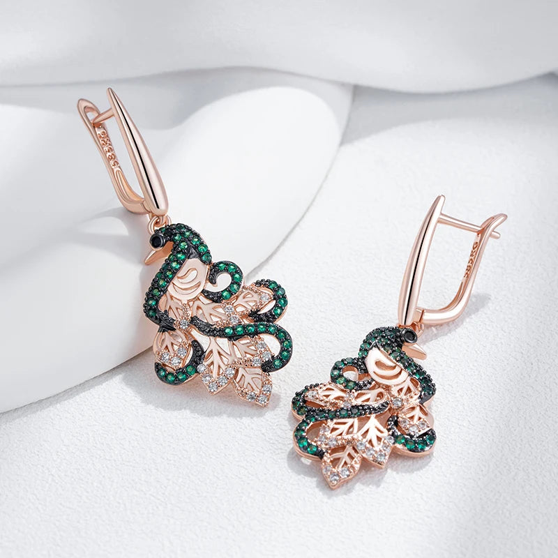 Hot Green Natural Zircon Peacock Drop Earrings for Women 585 Rose Gold and Black Plating Vintage Animal Daily Punk Jewelry