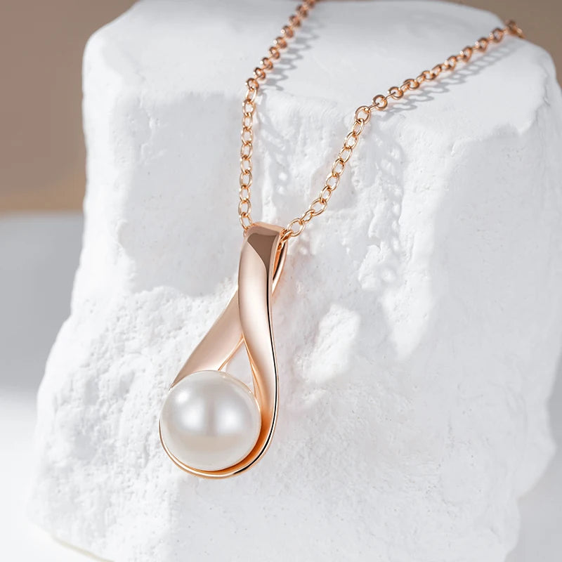 Luxury 585 Rose Gold Pendant Necklace for Women Unique Geometric Hollow Pearl Bridal Wedding Jewelry Daily Wear Gift