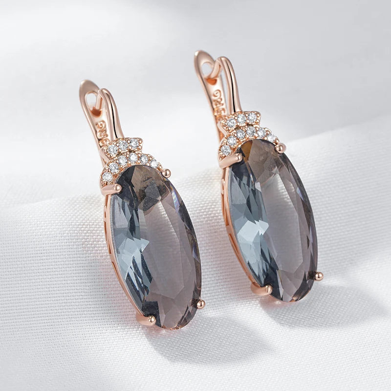 Grey Oval Drop Dangle Earrings for Women 585 Rose Gold Color with Natural Zircon High Quality Daily Fine Jewelry
