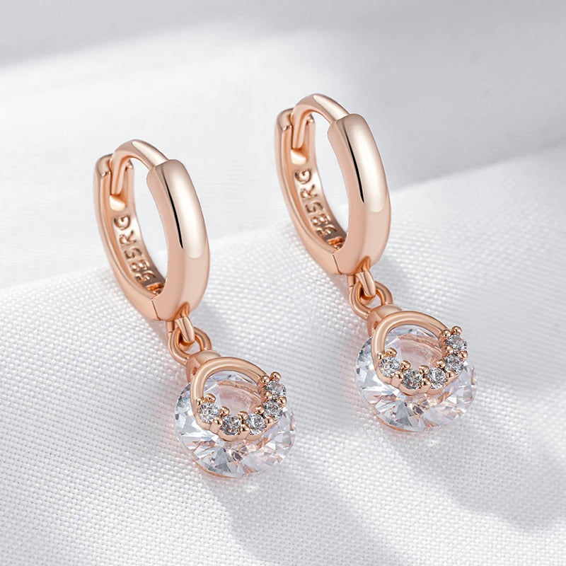 Hot 585 Rose Gold Color Drop Earrings for Women Fashion White Natural Zircon Accessories Daily Fine Jewelry Crystal Gift