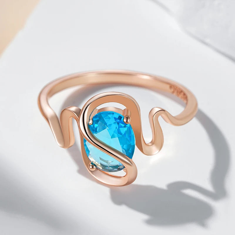 Hot Simple Romantic Blue Natural Zircon Wedding Rings for Women Luxury 585 Rose Gold Color Daily Fine Jewelry Best Gift