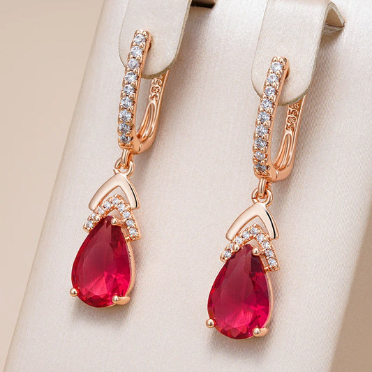 Water Drop RED Natural Zircon Drop Earrings for Women 585 Rose Gold Color Vintage Wedding Party Fine Daily Jewelry