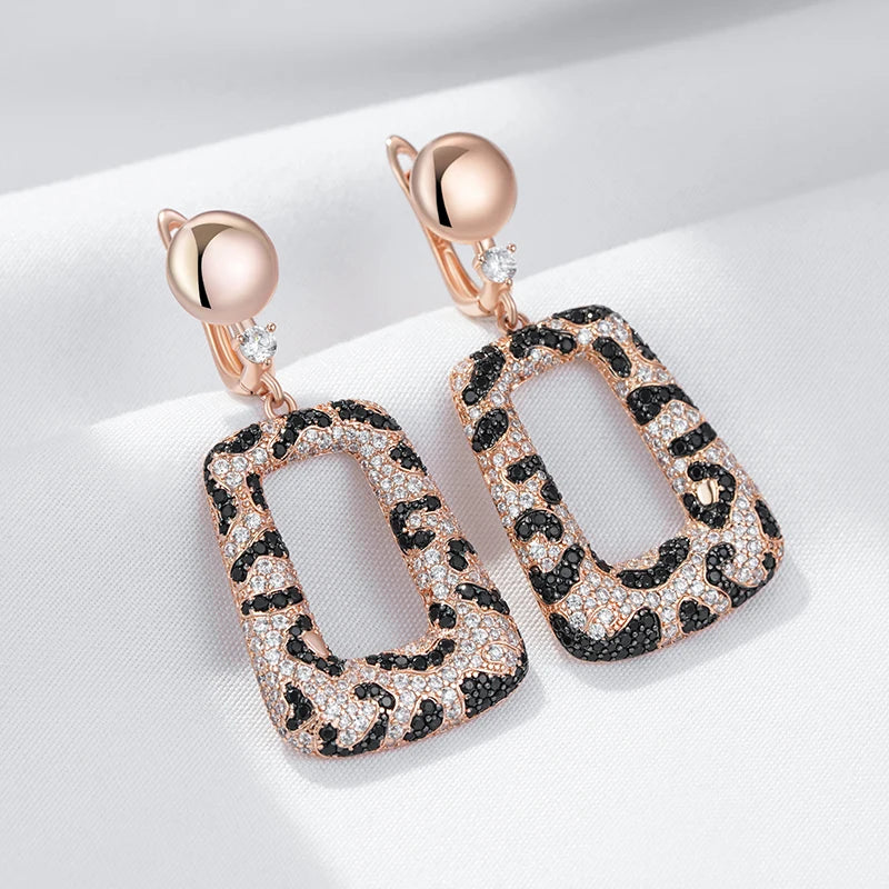 Shiny Natural Zircon Leopard Print Drop Earrings for Women Unique 585 Rose Gold and Black Plating Vintage Daily Jewelry