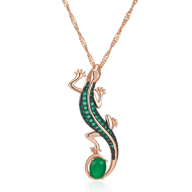 Hot Green Natural Zircon Lizard Pendant Necklace Women 585 Rose Gold and Black Plating Vintage Animal Daily Punk Jewelry