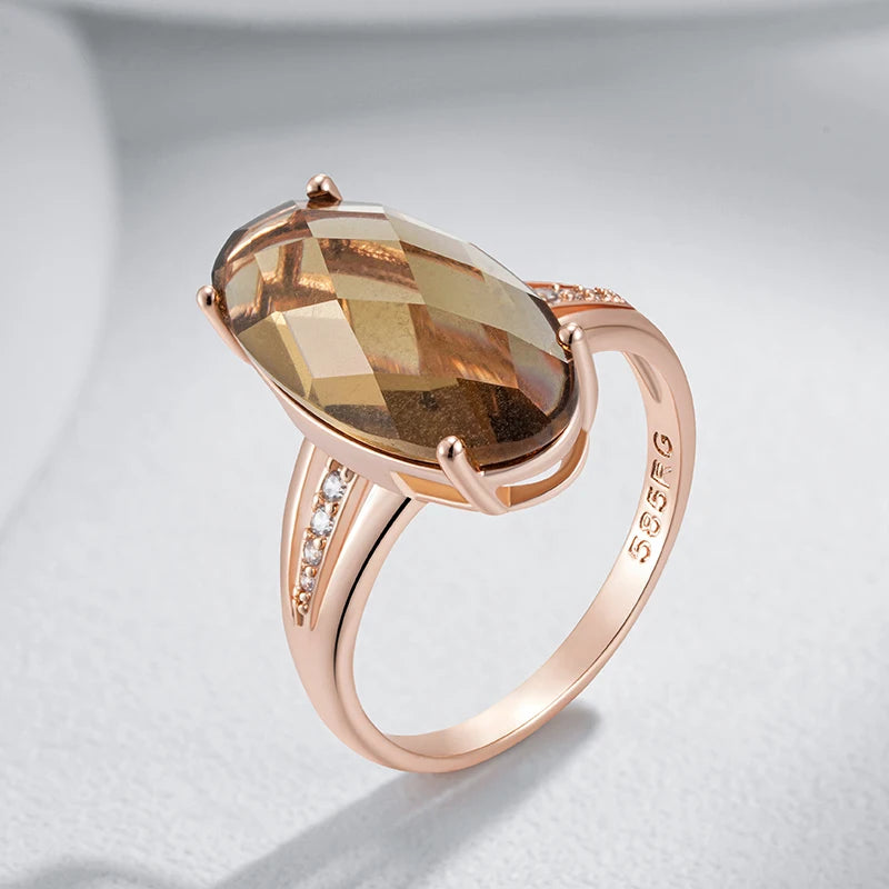 Fashion Big Oval Light Brown Natural Zircon Ring for Women Simple 585 Rose Gold Color High Quality Bride Wedding Jewelry
