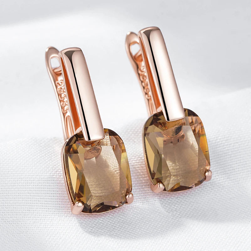 Square Brown Natural Zircon Drop Earrings for Women Fashion 585 Rose Gold Color High Quality Bride Wedding Jewelry