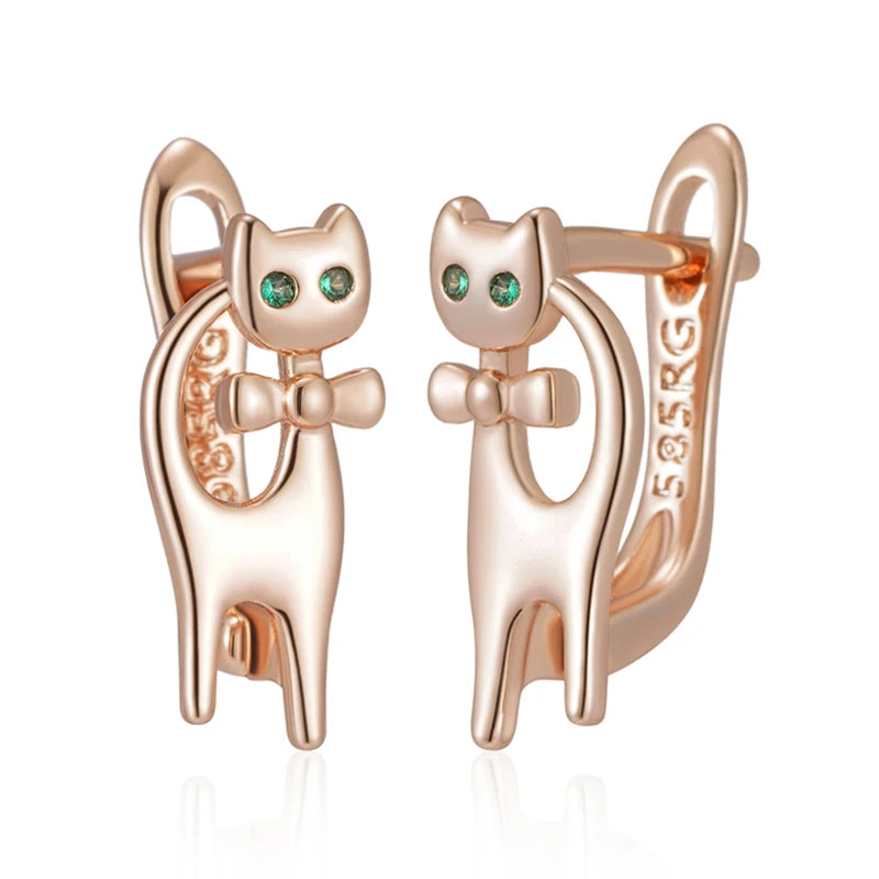 Kitty Cat Earrings for Girls 585 Rose Gold Color Natural Zircon Accessories Children Baby Xmas Gifts Animal Jewelry