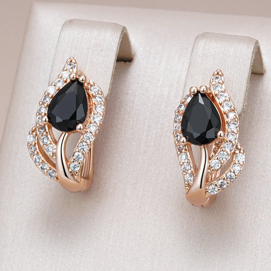 Elegant Vintage Black Stone Dangle Earrings for Women Luxury 585 Rose Gold Color Natural Zircon Accessories Daily Fin Jewelry