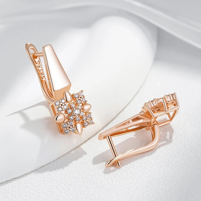 Hot 585 Rose Gold Color Crystal Flower Drop Earrings Pendant for Women Natural Zircon Accessories Daily Fine Jewelry Sets