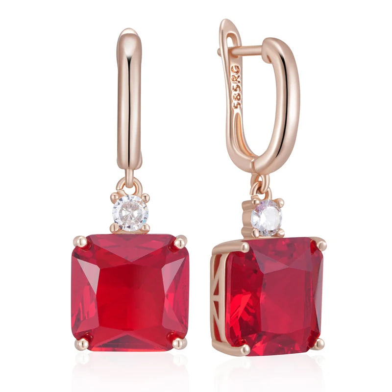 Hot Square Red Natural Zircon Dangle Earrings for Women Trend 585 Rose Gold Color Retro Accessories Daily Fine Jewelry