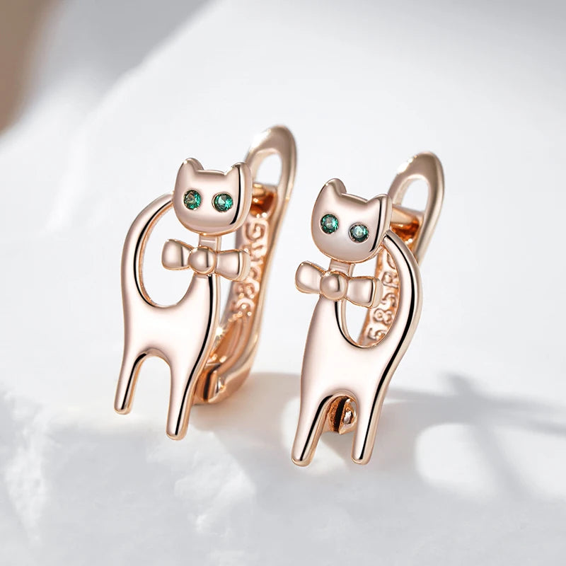 Kitty Cat Earrings for Girls 585 Rose Gold Color Natural Zircon Accessories Children Baby Xmas Gifts Animal Jewelry