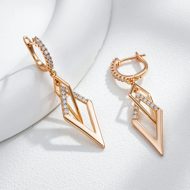 Fashion Glossy Hollow Rhombus Drop Earring for Women Unusual Natural Zircon 585 Rose Gold Color Daily Fine Ethnic Jewelry