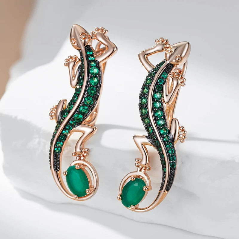 Green Natural Zircon Lizard Drop Earrings for Women 585 Rose Gold and Black Plating Vintage Animal Daily Punk Jewelry