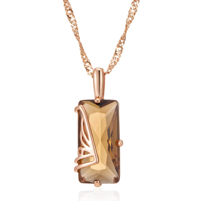 Fashion Light Brown Natural Zircon Pendant Necklace for Women Simple Square 585 Rose Gold Color High Quality Daily Jewelry