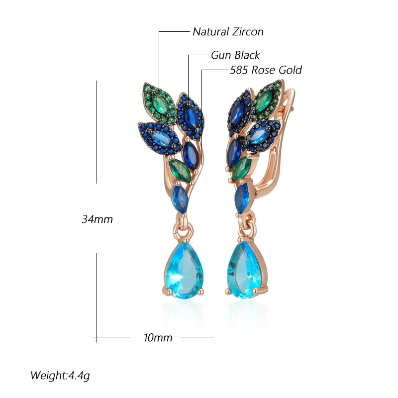 Hot Green Blue Natural Zircon Drop Earrings for Women 585 Rose Gold and Black Plating Crystal Leaf Daily Fine Jewelry