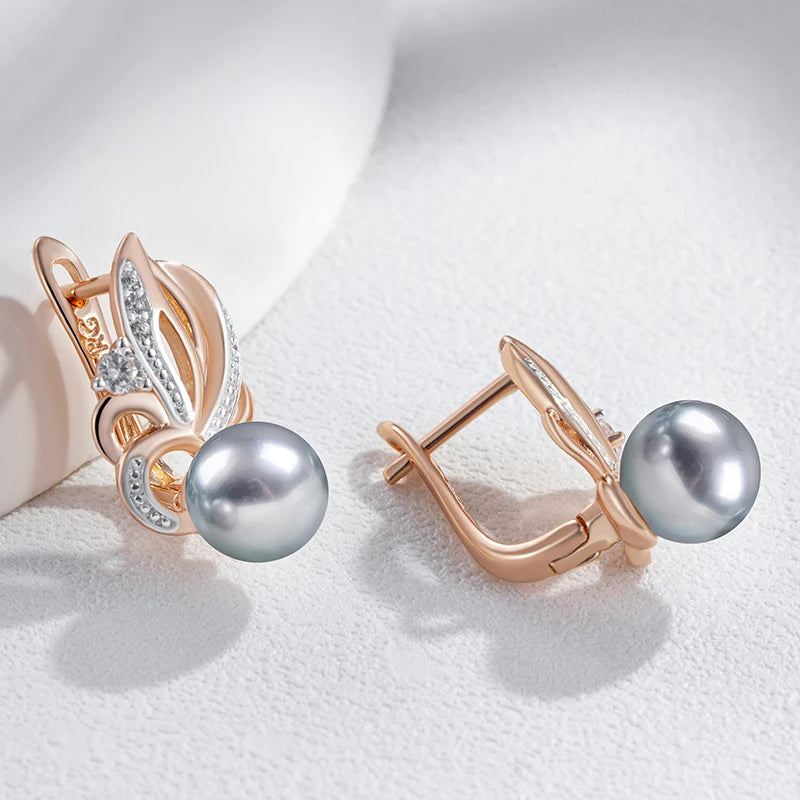 Hot Natural Zircon Flower Gray Pearl Drop Earrings for Women 585 Rose Gold Silver Color Mix Boho Ethnic Wedding Jewelry