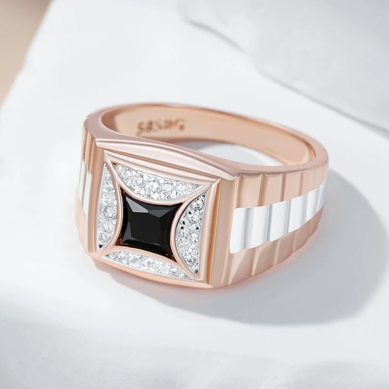 Luxury Black Natural Zircon Width Rings for Men Women 585 Rose Gold Silver Color Mix Setting Design Wedding Fine Jewelry
