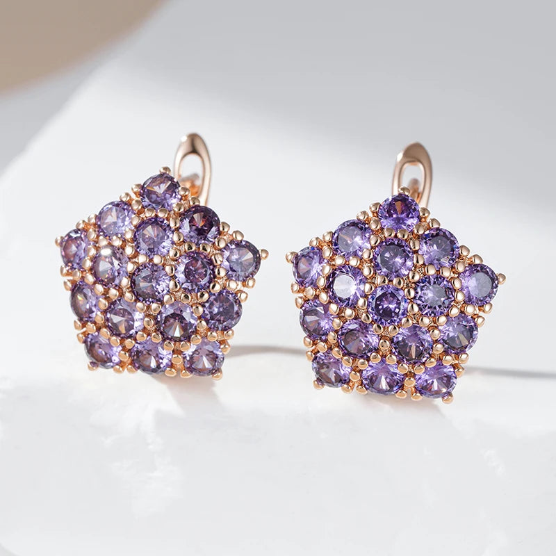 Hot Shiny Purple Natural Zircon Drop Earrings for Women Trend 585 Rose Gold Color Bride Wedding Fine Jewelry Crystal Gift