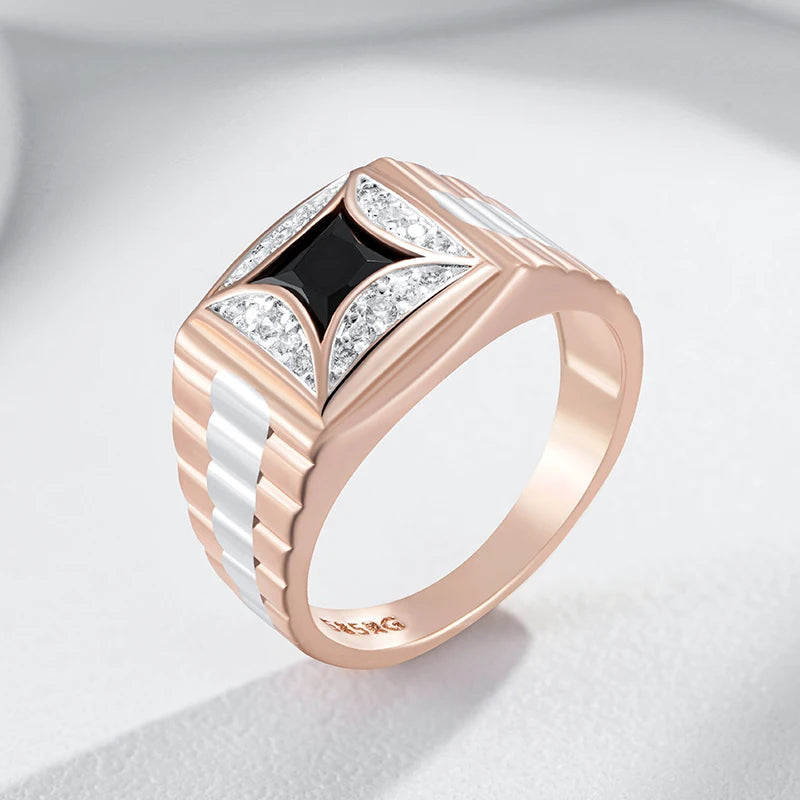 Luxury Black Natural Zircon Width Rings for Men Women 585 Rose Gold Silver Color Mix Setting Design Wedding Fine Jewelry
