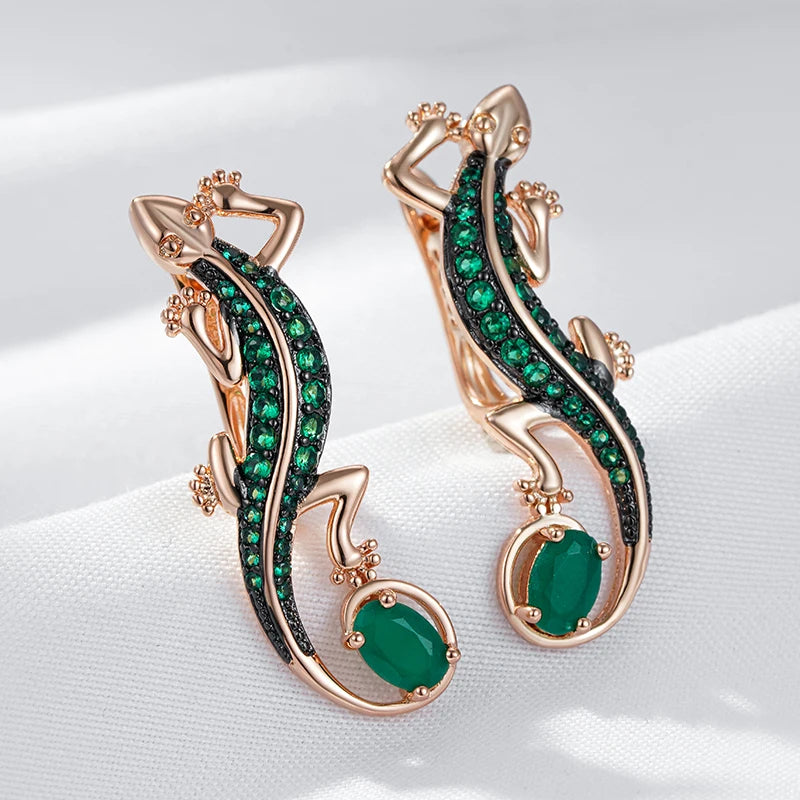 Green Natural Zircon Lizard Drop Earrings for Women 585 Rose Gold and Black Plating Vintage Animal Daily Punk Jewelry