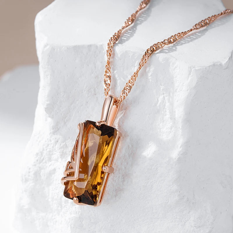 Fashion Light Brown Natural Zircon Pendant Necklace for Women Simple Square 585 Rose Gold Color High Quality Daily Jewelry