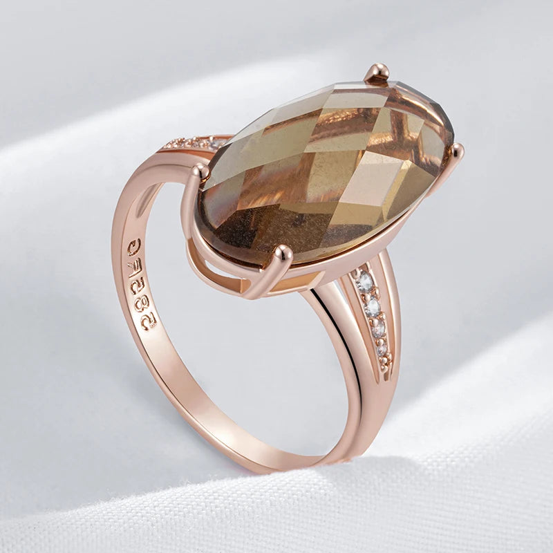 Fashion Big Oval Light Brown Natural Zircon Ring for Women Simple 585 Rose Gold Color High Quality Bride Wedding Jewelry
