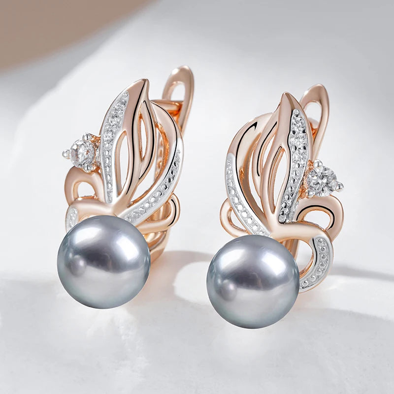 Hot Natural Zircon Flower Gray Pearl Drop Earrings for Women 585 Rose Gold Silver Color Mix Boho Ethnic Wedding Jewelry