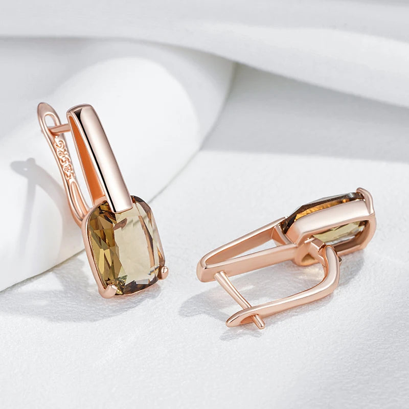 Square Brown Natural Zircon Drop Earrings for Women Fashion 585 Rose Gold Color High Quality Bride Wedding Jewelry