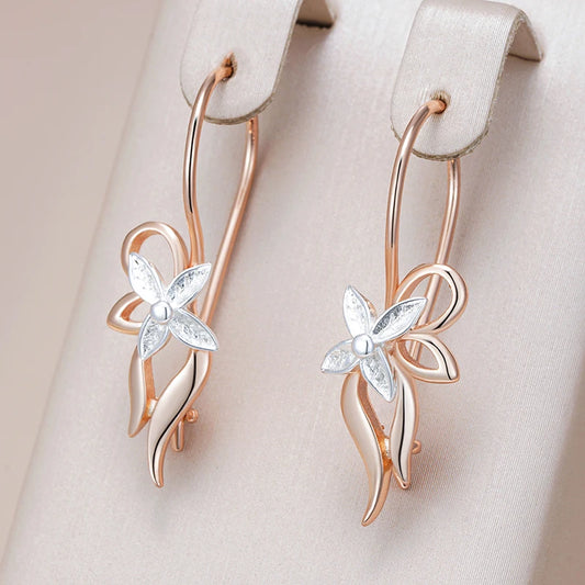 Flower Long Drop Earrings for Women 585 Rose Gold Silver Color Mix Daily Fine Vintage Jewelry