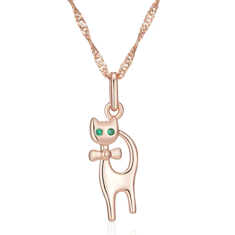 Cute Cat Pendant Necklace for Girls 585 Rose Gold Color Natural Zircon Accessories Children Xmas Gifts Animal Jewelry