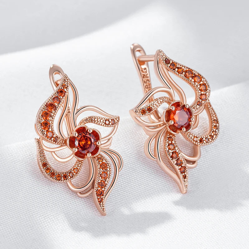 FLAMES Red Natural Zircon Crystal Flower Earrings for Women Fashion 585 Rose Gold Color Daily Fine Jewelry