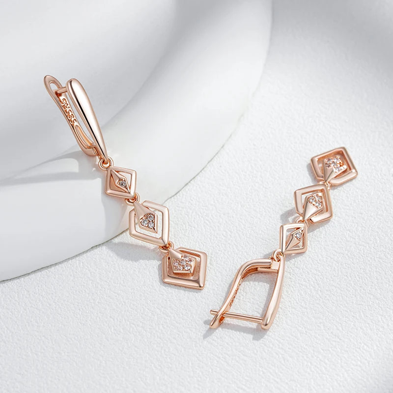 Hollow Geometry Drop Earring for Women 585 Rose Gold Color Shiny Natural Zircon Daily Fine Ethnic Jewelry
