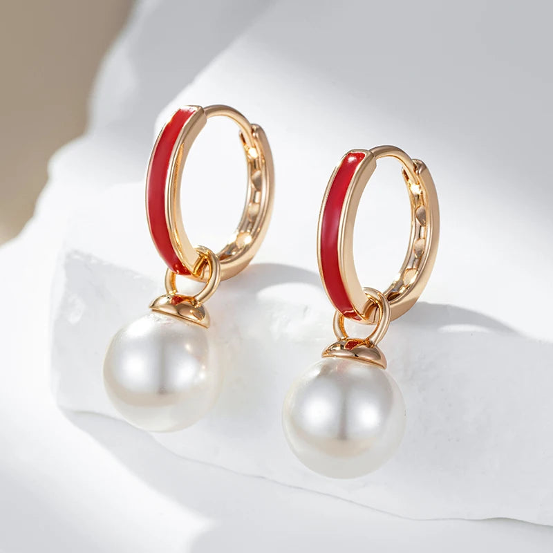 Hot Red Enamel Drop Earrings for Women Unique Geometric 585 Rose Gold Color Pearl Accessories Daily Fine Jewelry Gift
