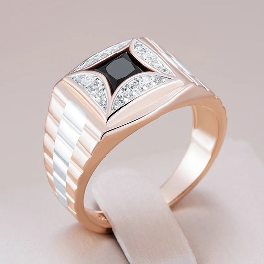 Luxury Black Natural Zircon Width Rings for Men Women 585 Rose Gold Silver Color Mix Setting Design Wedding Fine Jewelry