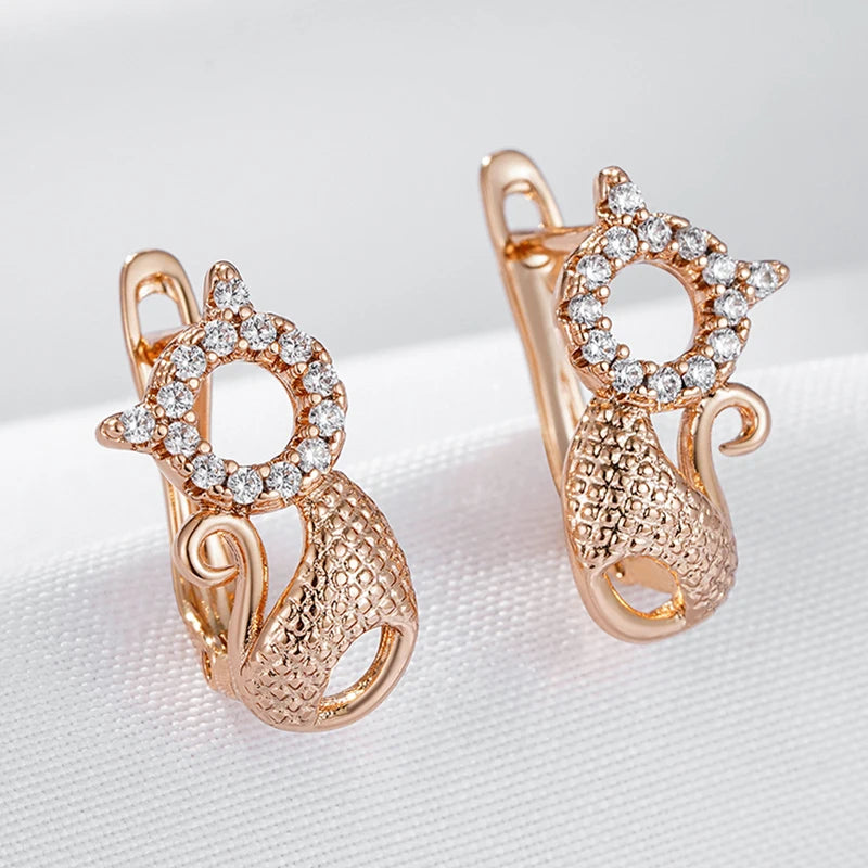 Luxury Cute Cat Earrings for Girls 585 Rose Gold Color Natural Zircon Accessories Children Baby Xmas Gifts Animal Jewelry