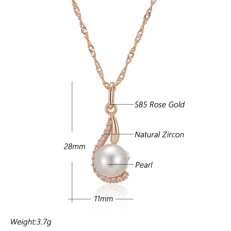 Luxury 585 Rose Gold Color Pendant Necklace for Women Unique Geometric Pearl Pendant Bride Daily Fine Jewelry 2024 New
